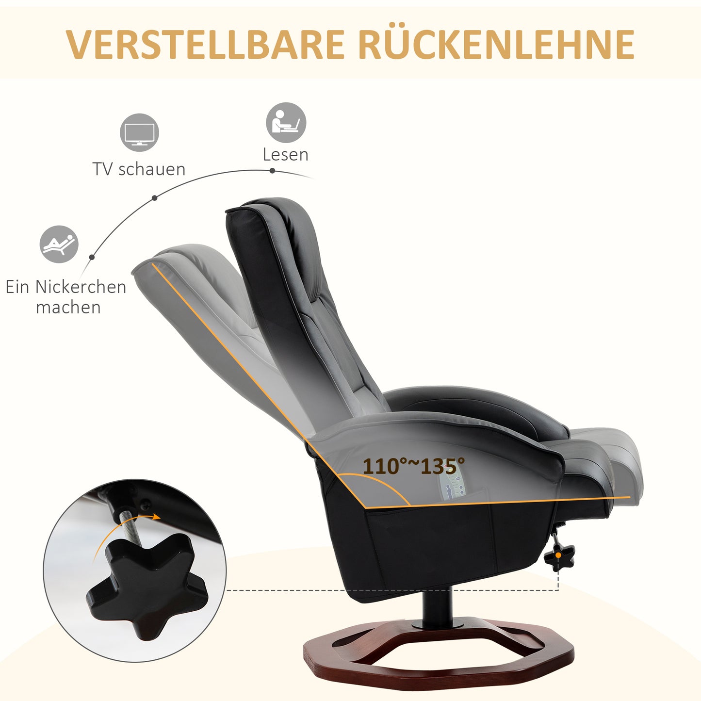 HOMCOM Massagesessel, mit Fußhocker, 10 Massagepunkte, Liegefunktion, drehbarer Sitz, Schwarz, 73 x 83 x 106cm
