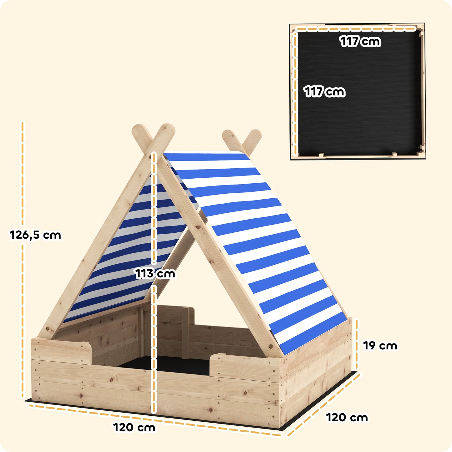 AIYAPLAY Sandkiste für Kinder, Sandkasten mit wetterfestem Zeltdach, für 3 Kinder im Alter von 3-6 Jahren, 120 x 120 x 126,5 cm