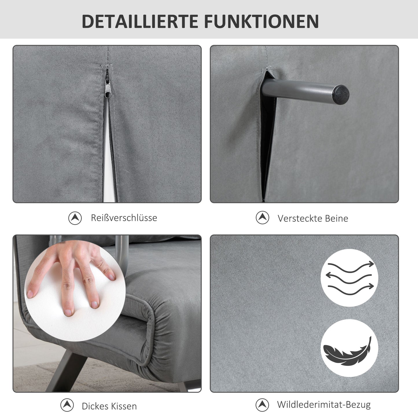 HOMCOM Schlafsofa, Doppelsofa, Gästebett, inklusive 2 Kissen, Grau