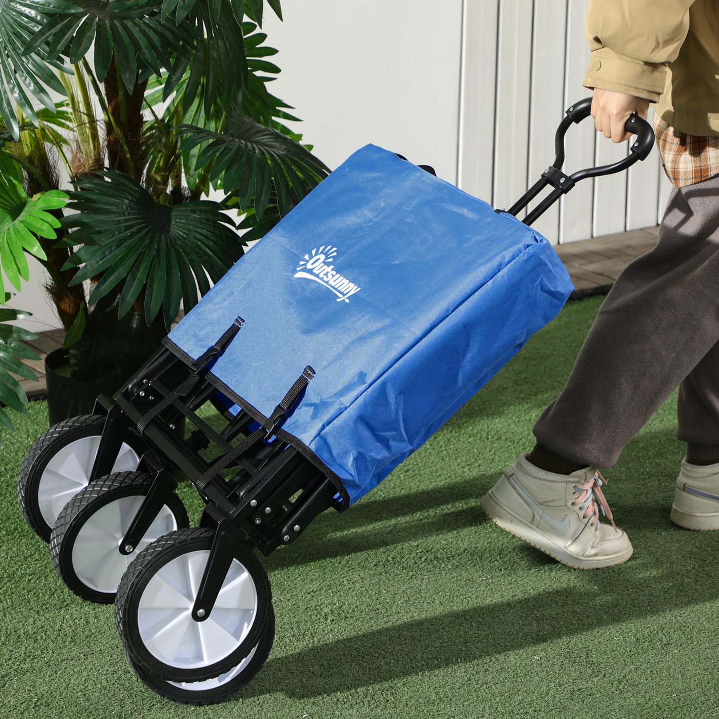 Outsunny Bollerwagen Handwagen mit faltbar Bremsen Verstellbarem Griff Transportwagen 68 KG Belastbar, Strandwagen Gartenwagen für Strand Garten Einkauf Shopping