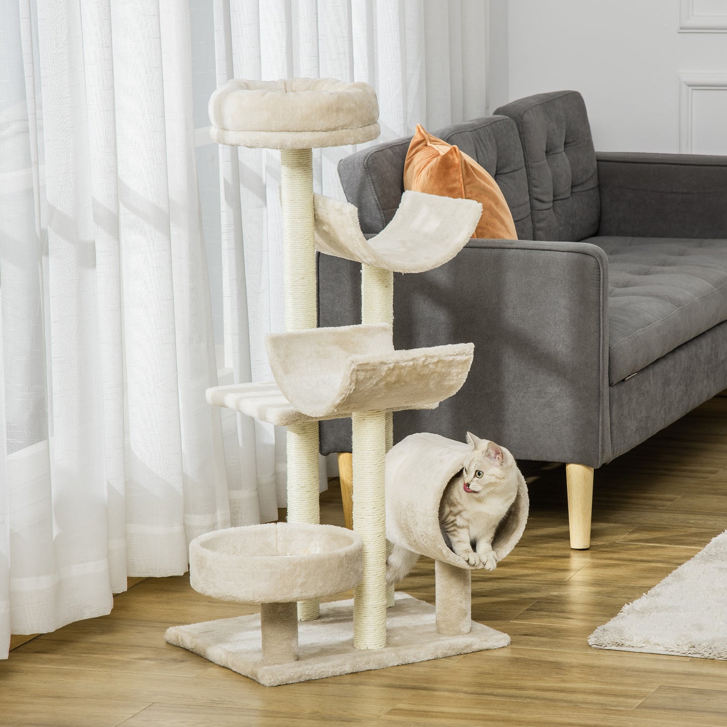 PawHut Katzenbaum Katzenkratzbaum Katzen Kletterbaum Kratzbaum Spielzeug Tunnel Beige L50 x B40 x H105 cm