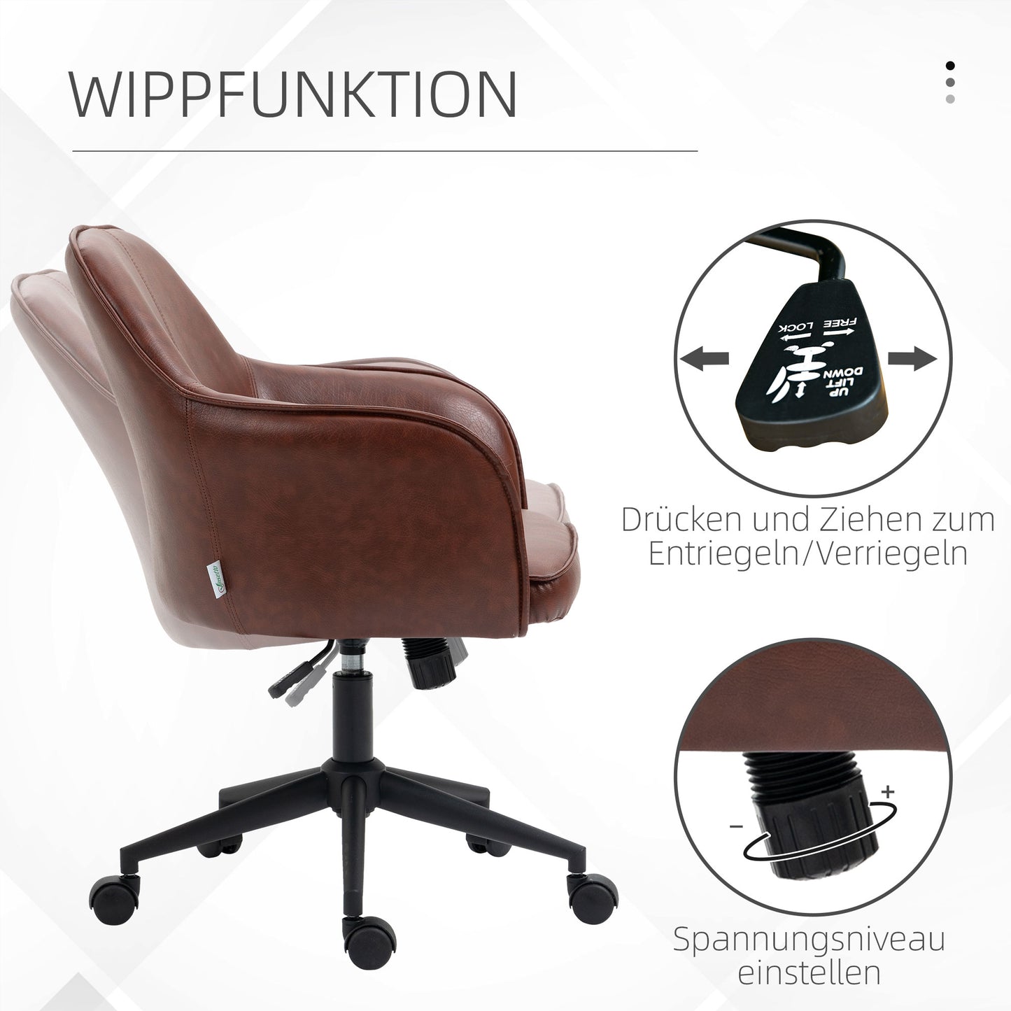 Vinsetto Bürostuhl, höhenverstellbar, Drehfunktion, 58,5 cm x 62 cm x 91 cm, Braun