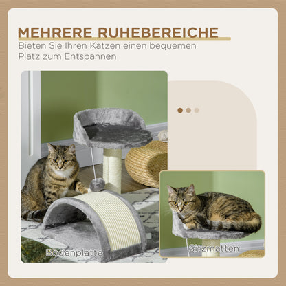 PawHut Kratzbaum 46 cm Kleiner Katzenturm mit Höhle, Spielball, Sisal-Seil, erhöhter Plattform, Katzenkratzbaum, Kletterbaum, für Katzen bis zu 4 kg, Grau