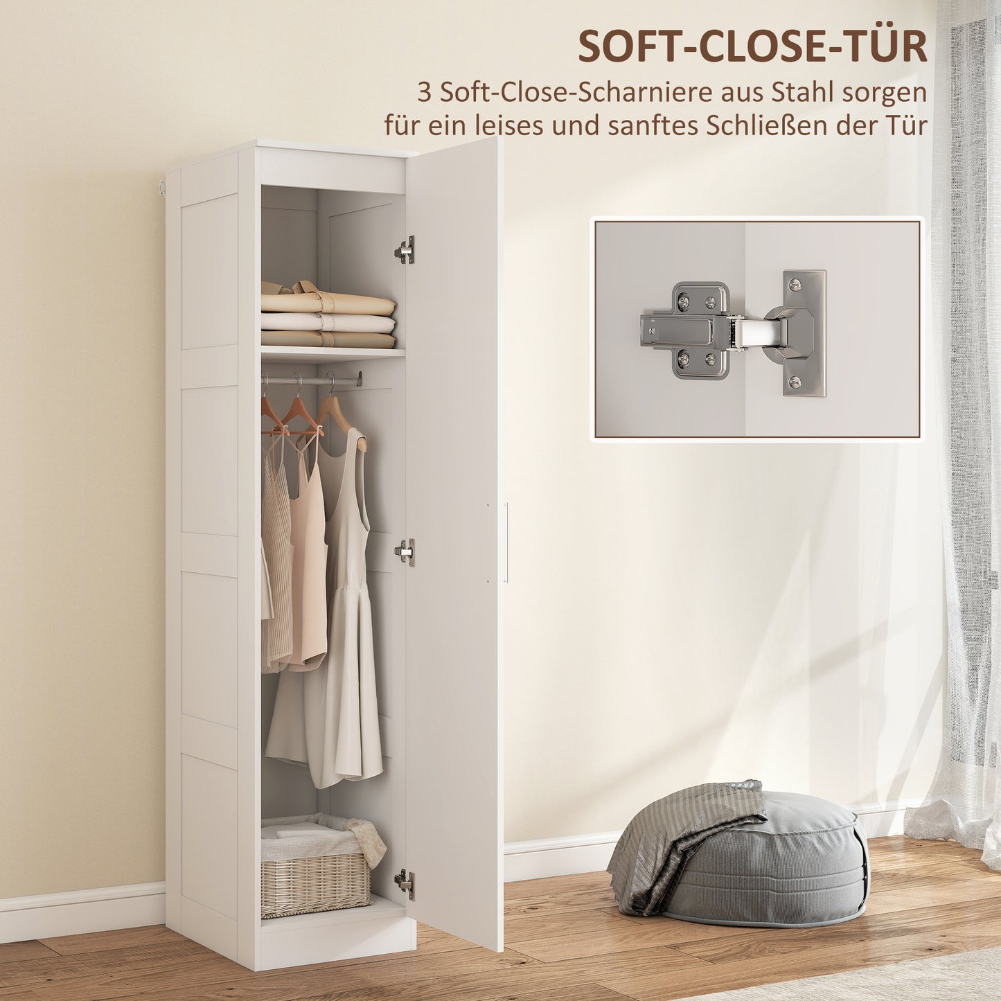 HOMCOM Kleiderschrank Mehrzweckschrank mit Kleiderstange, Regal, باب ناعم الإغلاق 40 x 52 x 180 cm Weiß