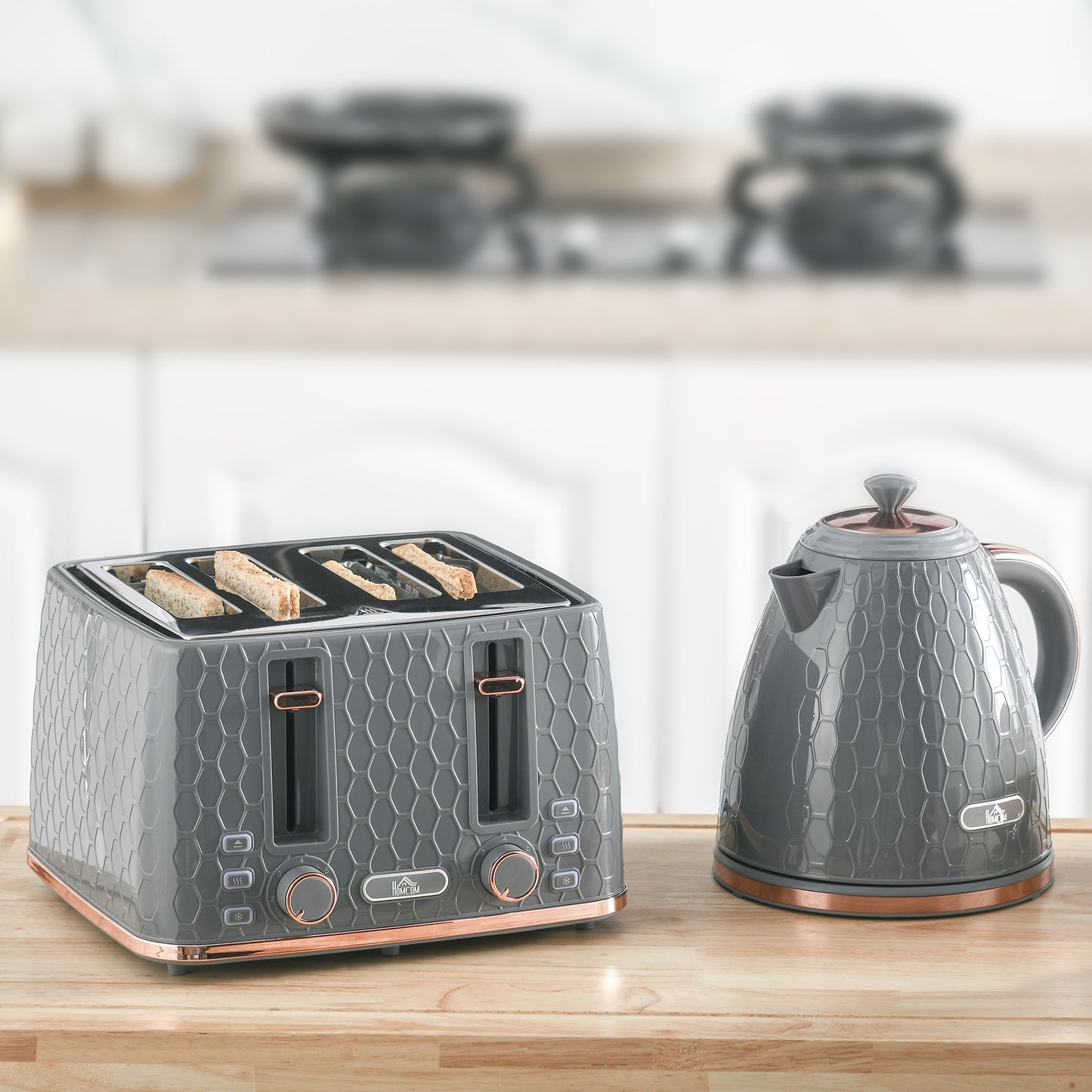 HOMCOM 2-in-1 Küchenset, Toaster und Wasserkocher, mehrere Optionen, 1,7 L, 4 Toastscheiben gleichzeitig, Kunststoff, Grau