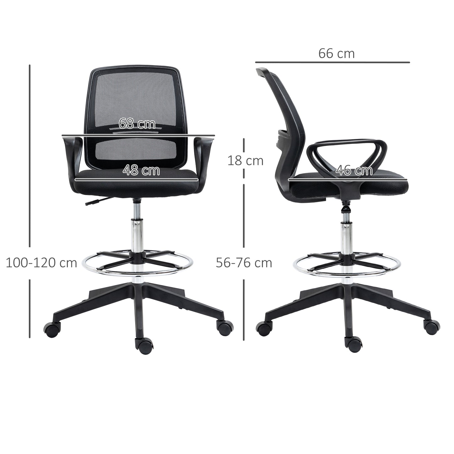 Vinsetto Bürostuhl Ergonomischer Schreibtischstuhl mit Armlehnen und Verstellbarer Fußring, Höhenverstellbarer Drehstuhl mit Netzbespannung Schwarz