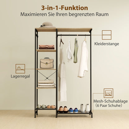 HOMCOM Garderobenständer, Kleiderständer mit Kleiderstange, Schuhregal Ablage Kippschutz Eiche