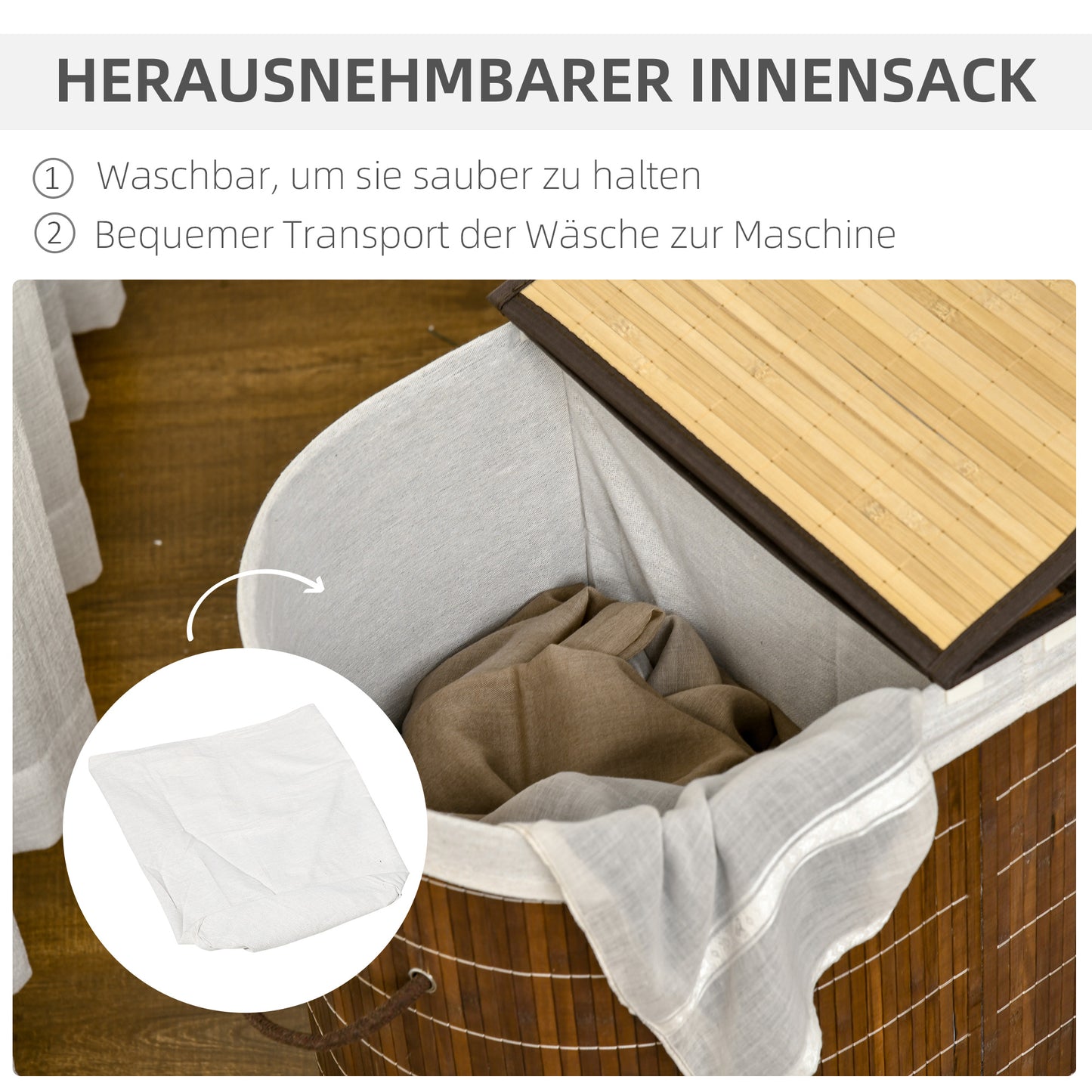 HOMCOM Wäschekorb Wäschesammler, 100L Fassungsvermögen, abnehmbarer Deckel, 38 cm x 38 cm x 57 cm, Braun