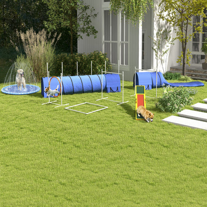 PawHut Hunde-Agiliy-Set Hundeparcours, 1 Reifen, 2 Tunnel 2 Hürden, 321 cm x 63c m x 93 cm, Blau + Rot+ Weiß