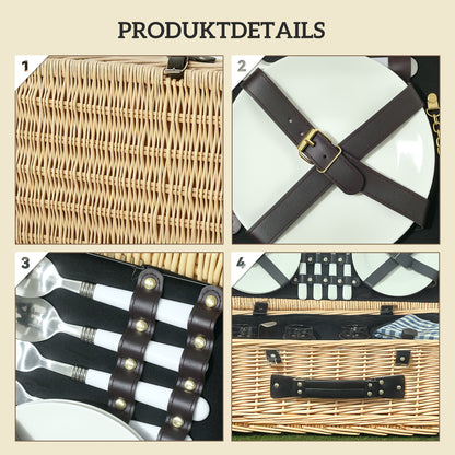 Outsunny Picknickkorb aus Weidenholz Picknickkoffer für 4 Personen mit Isoliert Kühlfach Besteck Set Naturholz
