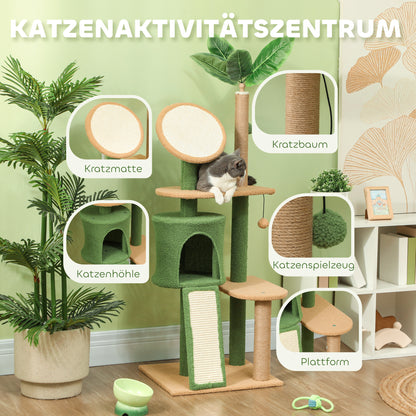 PawHut Kratzbaum, 139 cm Katzenbaum mit Höhle, Spielbällen, Sisal-Kratzpfosten und Plattformen, für zwei Katzen, Grün