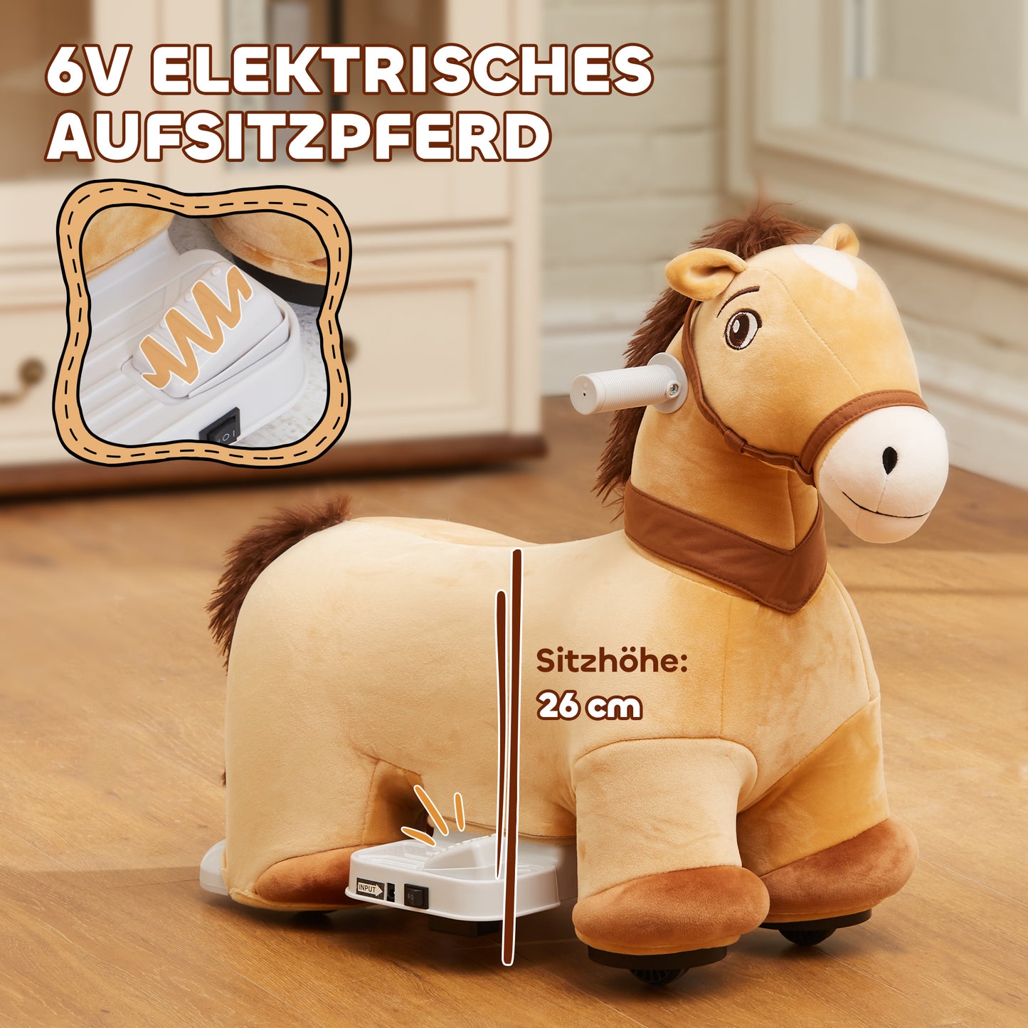 AIYAPLAY 6V Elektrisches Reitpferd für Kinder, Batteriebetrieb, Mit Musikfunktion und Vorwärtsbewegung, 18-36 Monate, Braun