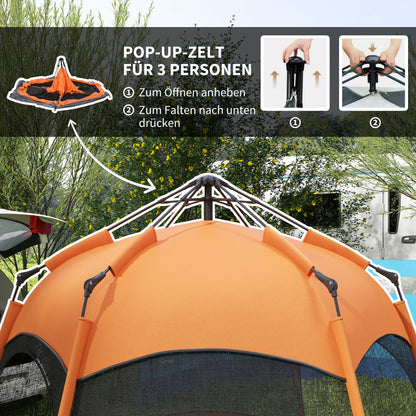 Outsunny Doppellagiges Instant-Pop-Up-Zelt mit Regenschutz, Outdoor Familienzelt für 4 Personen wasserdicht sechseckig 4 Jahreszeiten Kuppelzelt mit Bodenplane 2 Türen Moskitonetz Tragetasche Orange