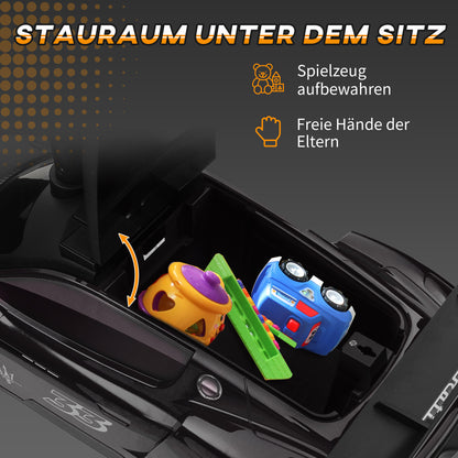 AIYAPLAY Rutschauto, Maserati, Stauraum, Hupe & Musik, Flüsterreifen, für 1,5 bis 5 Jahre, bis 25 kg, Schwarz
