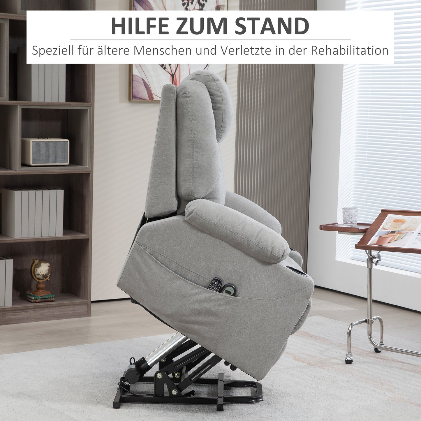 HOMCOM Massagesessel Aufstehhilfe Seniorensessel, 8 Vibrationspunkte, 2 Seitentaschen, Getränkehalter, 90 x 101 x 107 cm, Grau