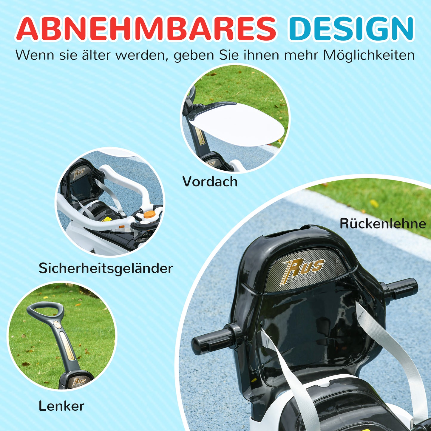AIYAPLAY 2-in-1 Rutschauto, abnehmbares Verdeck, Lichter, Musik, Hupe, Kunststoff und Metall, 96 x 39 x 90 cm, Weiß/Schwarz