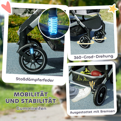 PawHut Hundewagen 3 in 1 Hundebuggy klappbar für Katzen bis 10 kg Katzenbuggy mit Kissen Becherhalter Hellgrau
