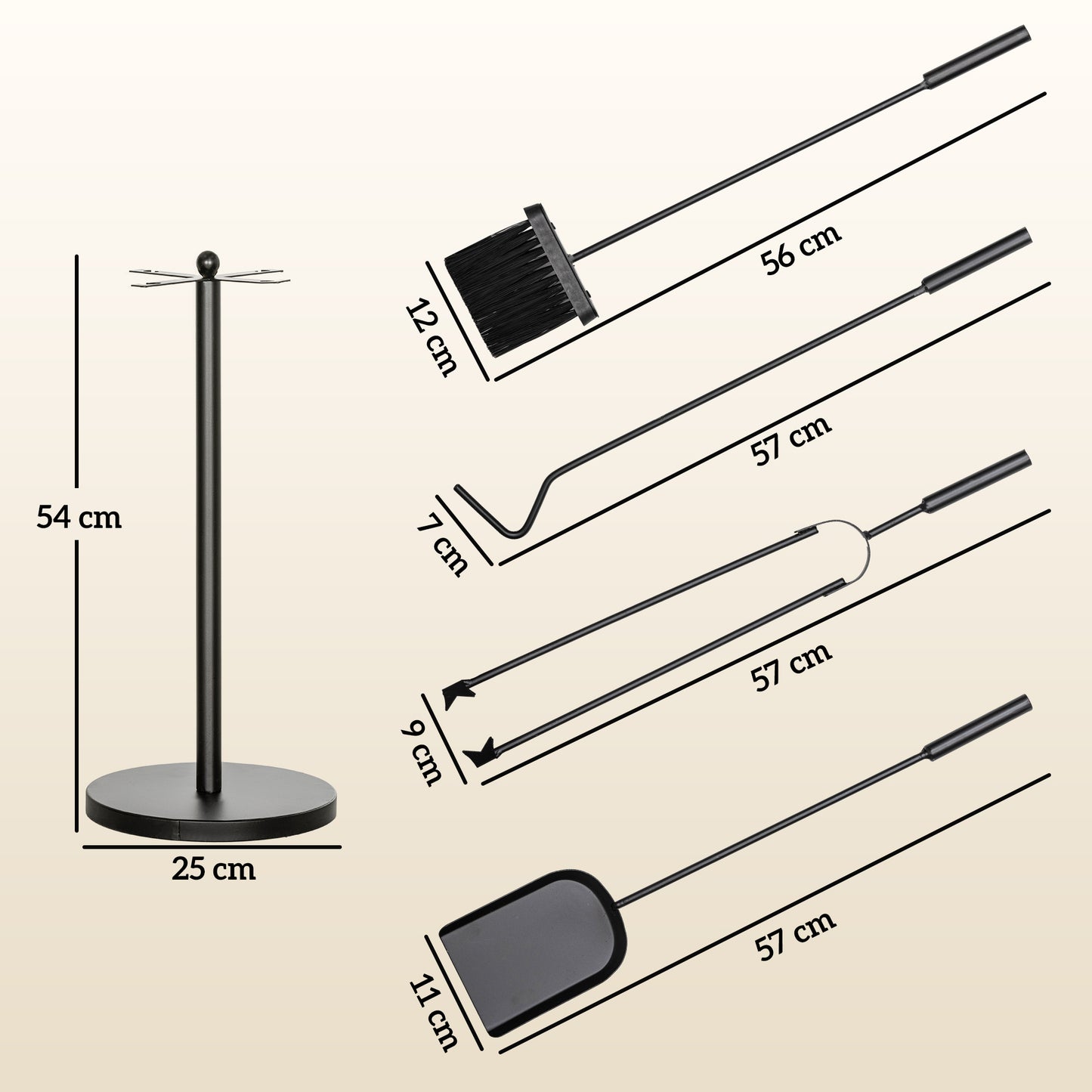 Outsunny Kaminbesteck, 5-teilig, Besen, Schaufel, Zange, Schürhaken und Ständer, feuerfestes Metall, Schwarz