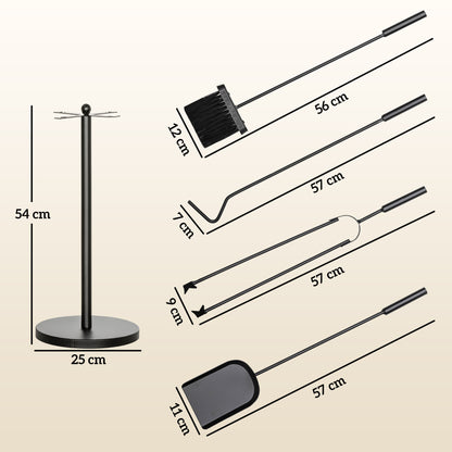 Outsunny Kaminbesteck, 5-teilig, Besen, Schaufel, Zange, Schürhaken und Ständer, feuerfestes Metall, Schwarz