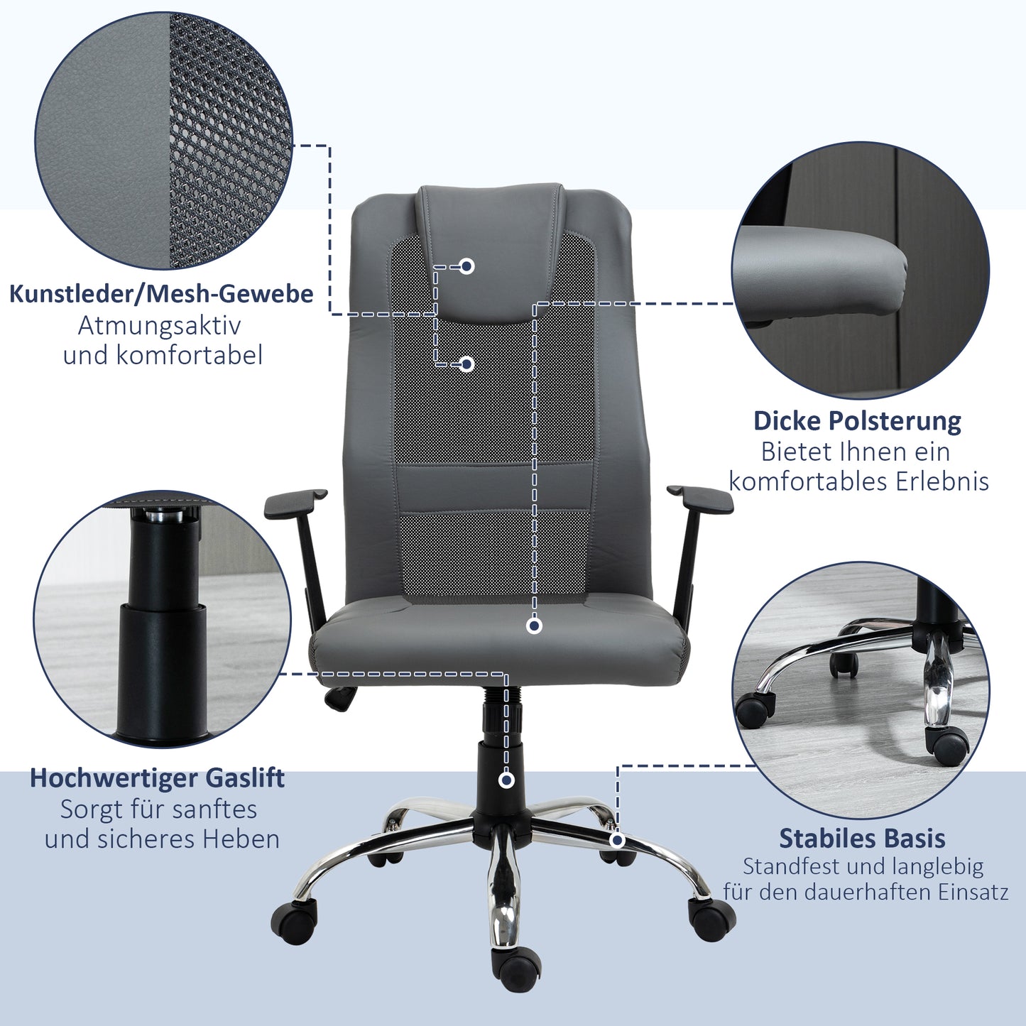 Vinsetto Bürostuhl Drehstuhl höhenverstellbar Chefsessel Schreibtischstuhl ergonomisch Kunstleder Grau 66 x 73 x 108-118 cm
