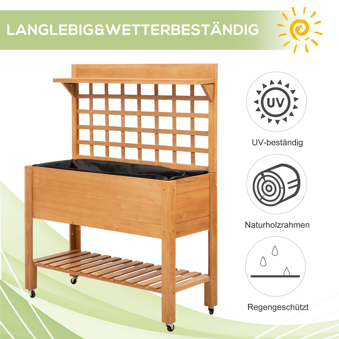Outsunny Hochbeet Pflanztisch Blumentisch Arbeitstisch Gärtnertisch Gewächshaus Holzpflanztisch für Garten Balkon, 105 x 40 x 135 cm, Tanne, nicht gewebter Stoff, Braun