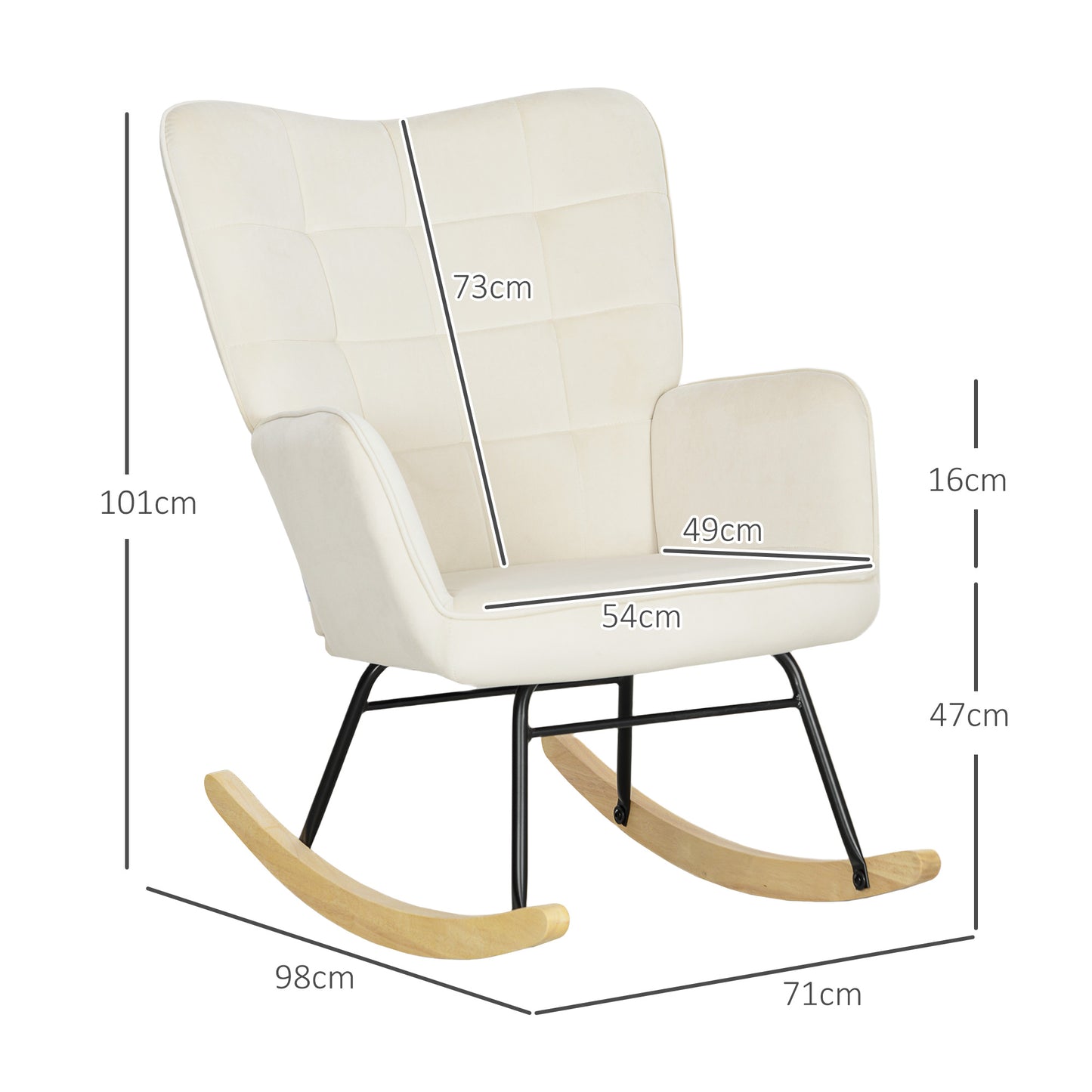 HOMCOM Schaukelstuhl, dicke Polsterung, breite Rückenlehne, Buchenholz/Stahlrahmen, bis 120 kg, Beige