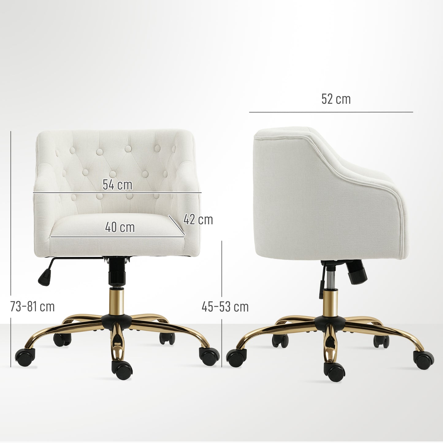 HOMCOM Gepolsterter Bürostuhl, Schreibtischstuhl i Leinenoptik, goldfarbene Beine, höhenverstellbar, Beige