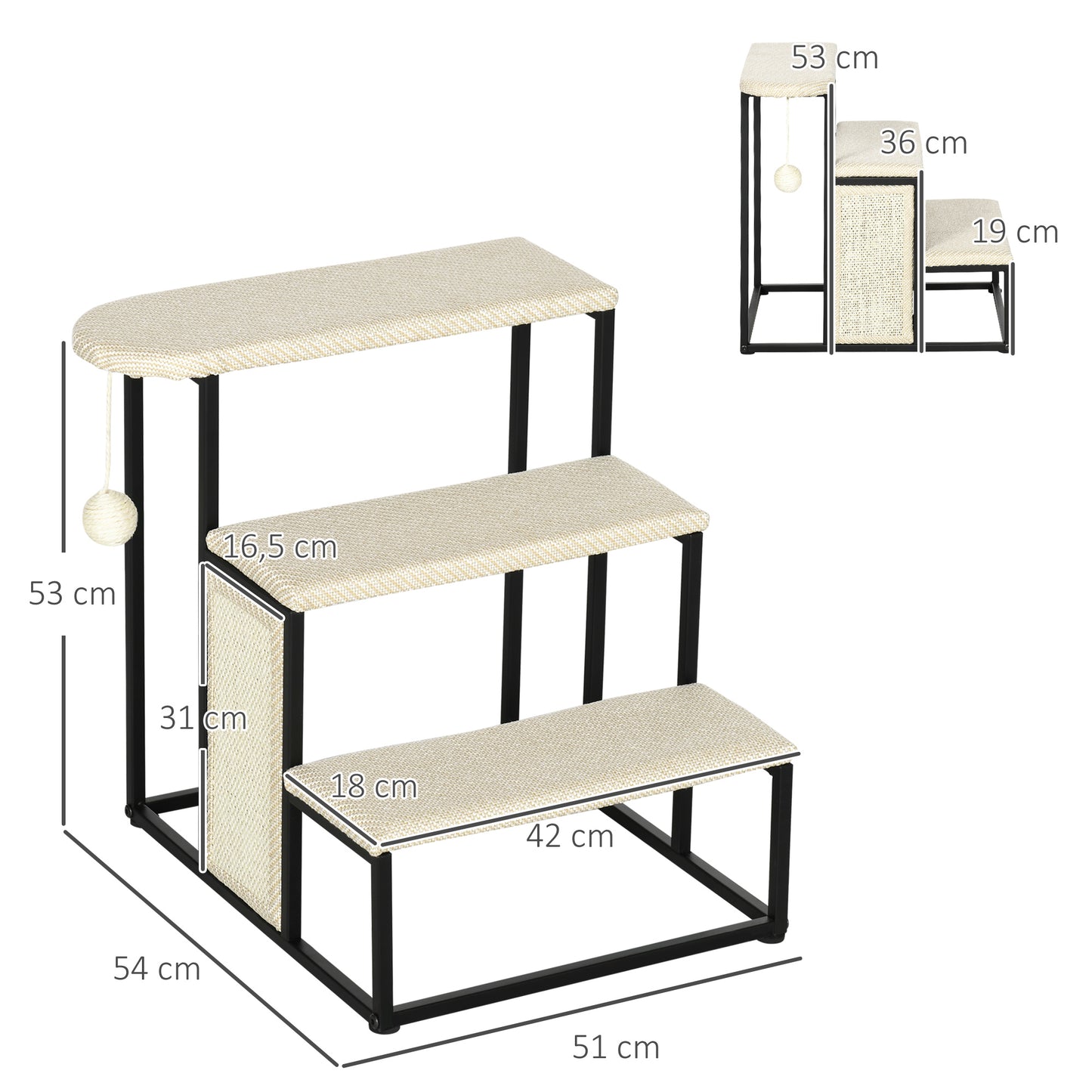 PawHut Katzentreppe, mit Kratzbrett, 3 Stufen, Spielball, robust, Stahl+Sisal, cremeweiß+schwarz, 51 x 54 x 53cm