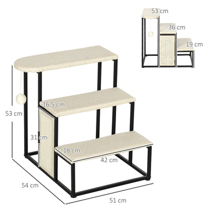 PawHut Katzentreppe, mit Kratzbrett, 3 Stufen, Spielball, robust, Stahl+Sisal, cremeweiß+schwarz, 51 x 54 x 53cm