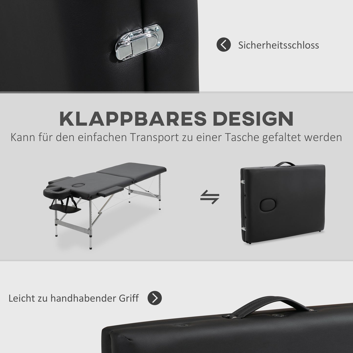 HOMCOM Massageliege klappbar, inkl. Gesichtsöffnung, Armlehnen, Handablagen, Massageliege mobil, 186 cm x 71 cm x 83 cm
