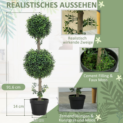 HOMCOM 2er-Set Kunstpflanzen, Künstliche Buchsbaum-Pflanzen, UV-geschützt, mit Topf, Grün
