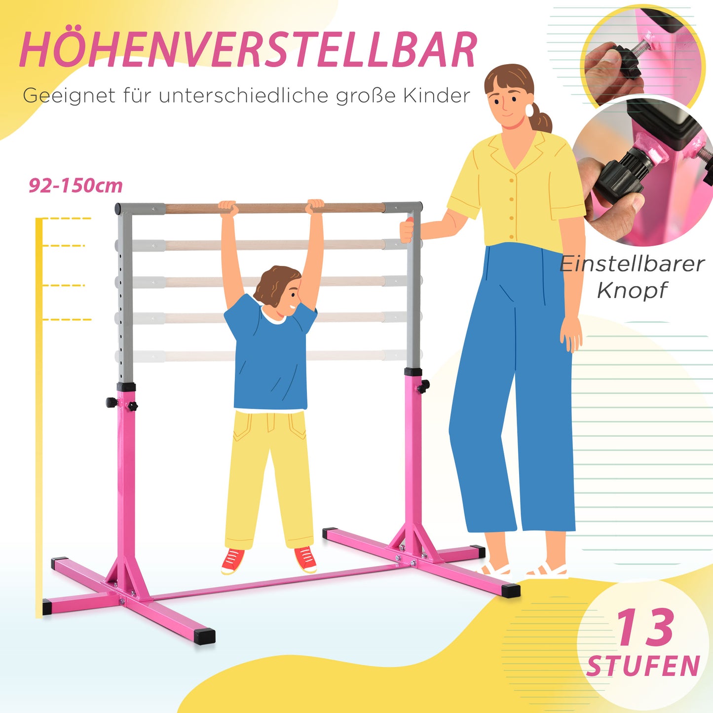 HOMCOM Gymnastik-Turnreck, 13-stufig höhenverstellbar Reckstange, Reck Turnstange aus Holz & stabile Stahlkonstruktion bis 75 kg belastbar, für 3+ Kinder, Indoor, Outdoor, Rosa