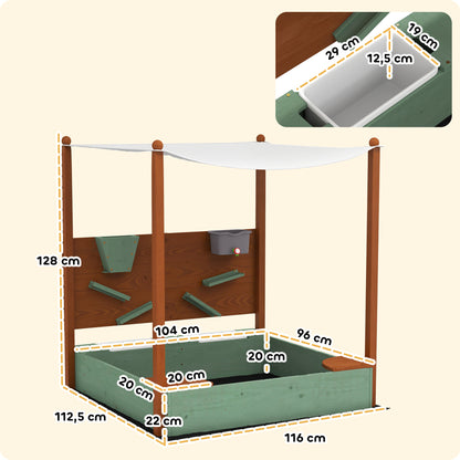 AIYAPLAY Sandkasten mit Sonnendach für Kinder, 2 Aufbewahrungsbehälter, 116L x 112,5B x 128H cm, Tannenholz, Kunststoff, Grün