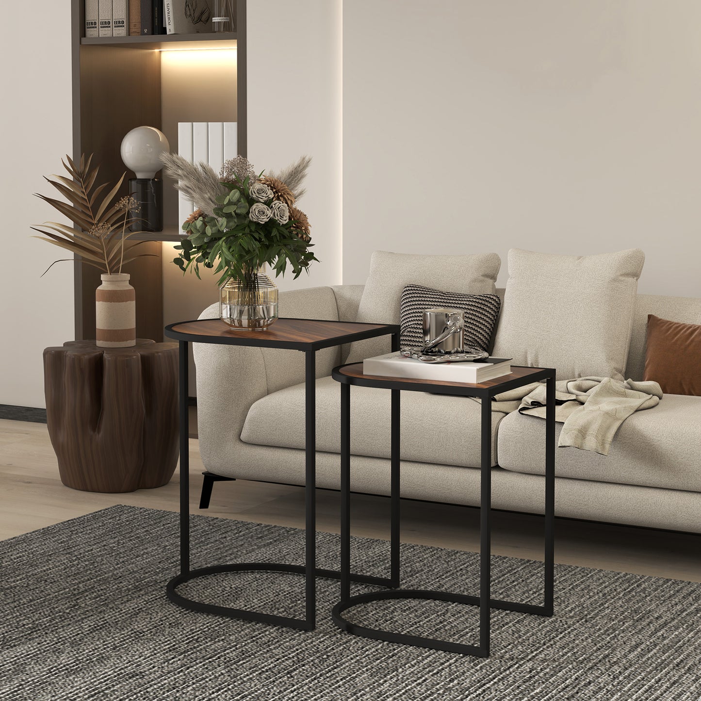 HOMCOM Satztisch-Set، Beistelltische، Metallrahmen، Tischplatte in Holzoptik، براون