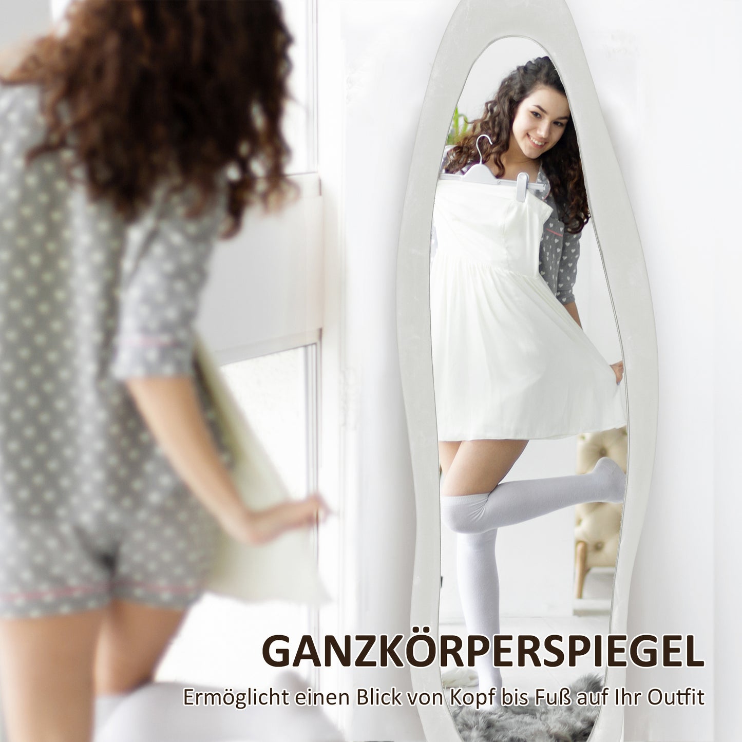 HOMCOM Ganzkörperspiegel, wellige Form, 160 x 50 cm, freistehend, samtartiger Rahmenbezug, Schlafzimmer, Wohnzimmer, Weiß