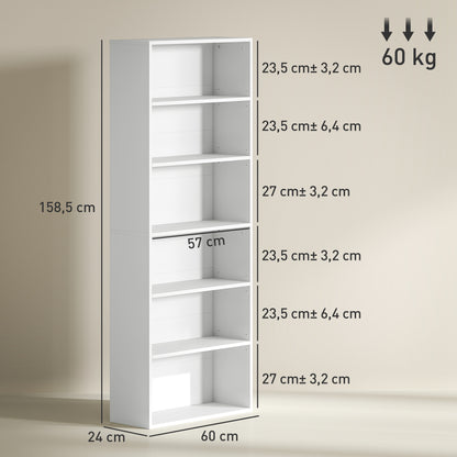 HOMCOM Bücherregal, 6 Fächer, verstellbare Regale, Spanplatte, 60 x 24 x 158,5 cm, Weiß