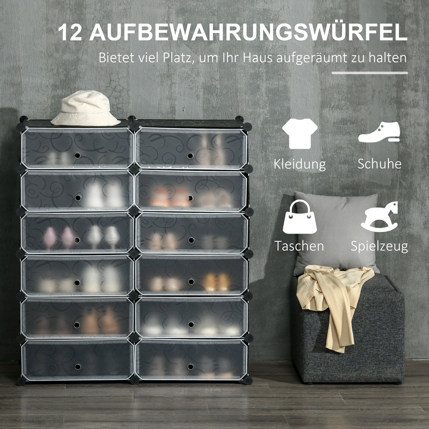 HOMCOM Schuhregal, 12 Aufbewahrungsboxen für 24 Paar Schuhe, Kunststoff, Schwarz+Weiß