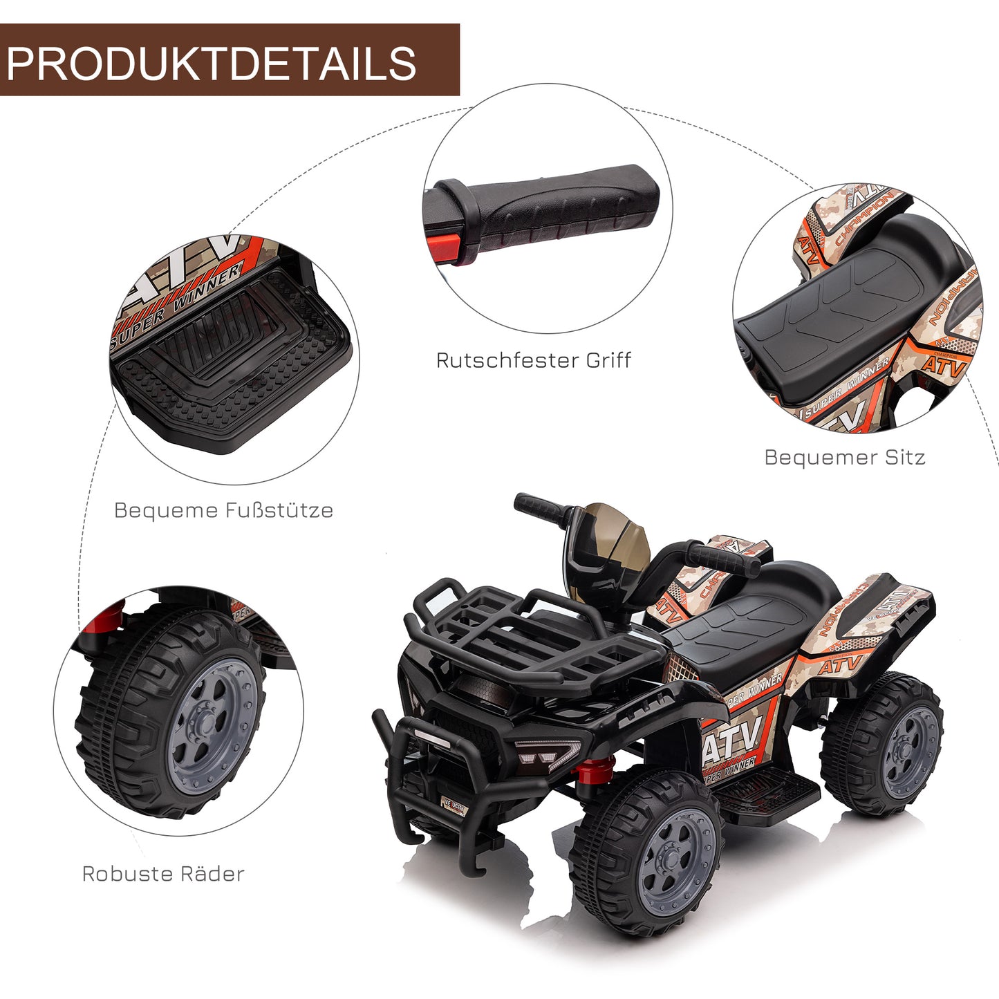 HOMCOM Kinder Quad Elektro 6V Kinderquad mit Vorwärtsfunktion, Musik, Elektro-Quad für Kinder 1,5-3 Jahre Schwarz