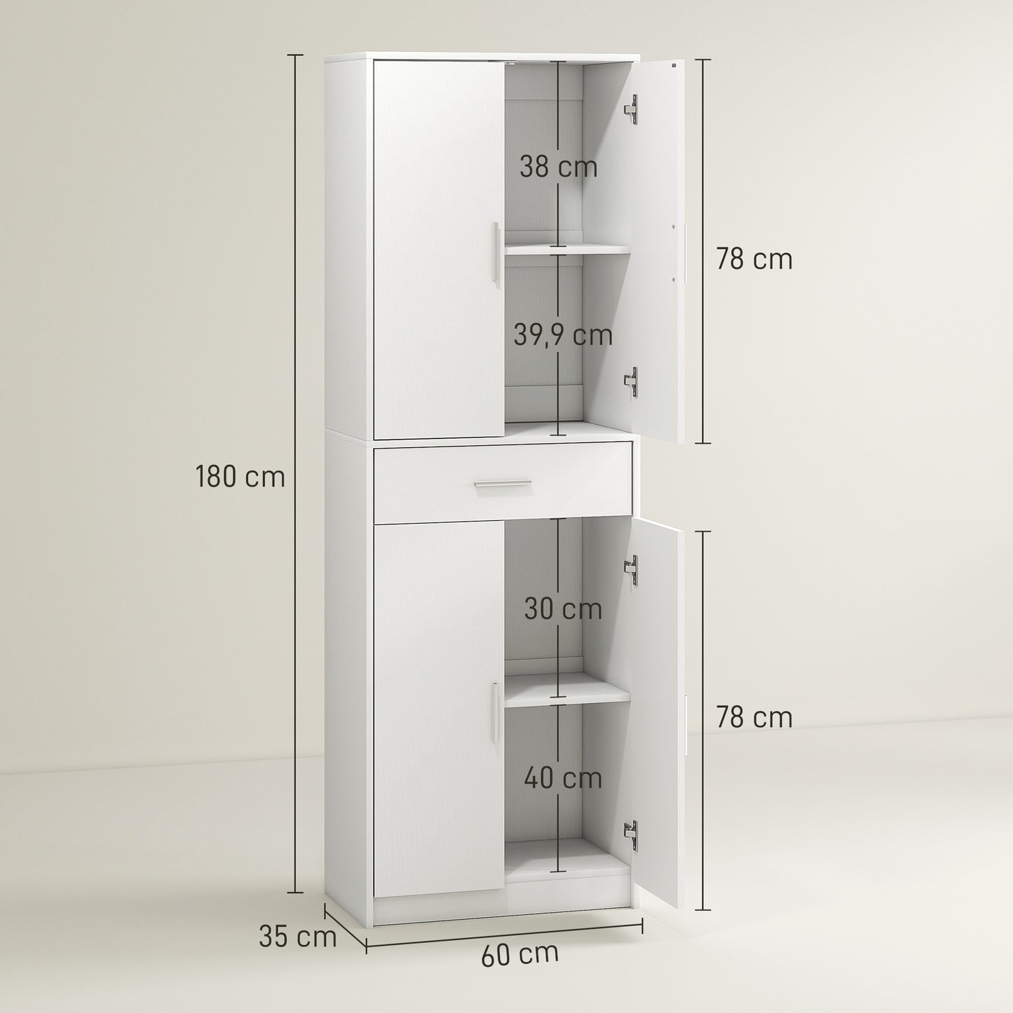 HOMCOM Küchenschrank, 3-stufig verstellbare Regale, Spanplatten, MDF, viel Stauraum, Weiß