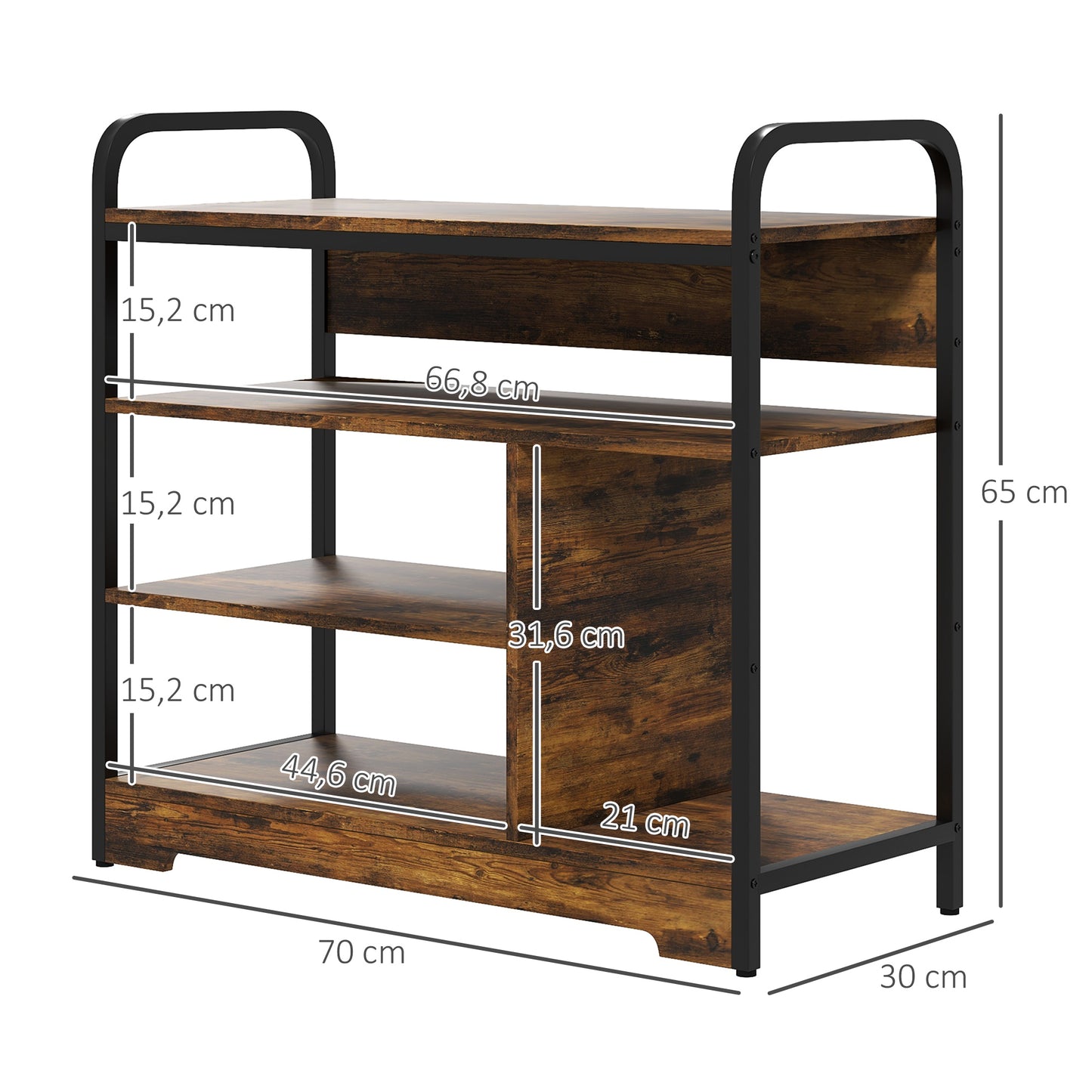 HOMCOM Schuhregal 4-stufig, offenes Design, Metallrahmen, verstellbare Füße, 70x30x65 cm, Braun/Schwarz