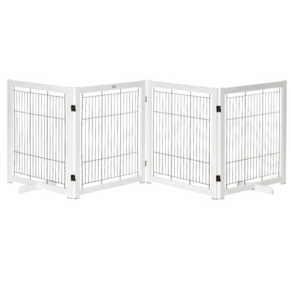 PawHut Türschutzgitter Holz Absperrgitter für Hunde Schutzgitter Hundegitter Sicherheitstür Bidirektionales Falten Stahl Weiß 305 x 35,5 x 82 cm
