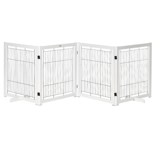 PawHut Türschutzgitter Holz Absperrgitter für Hunde Schutzgitter Hundegitter Sicherheitstür Bidirektionales Falten Stahl Weiß 305 x 35,5 x 82 cm