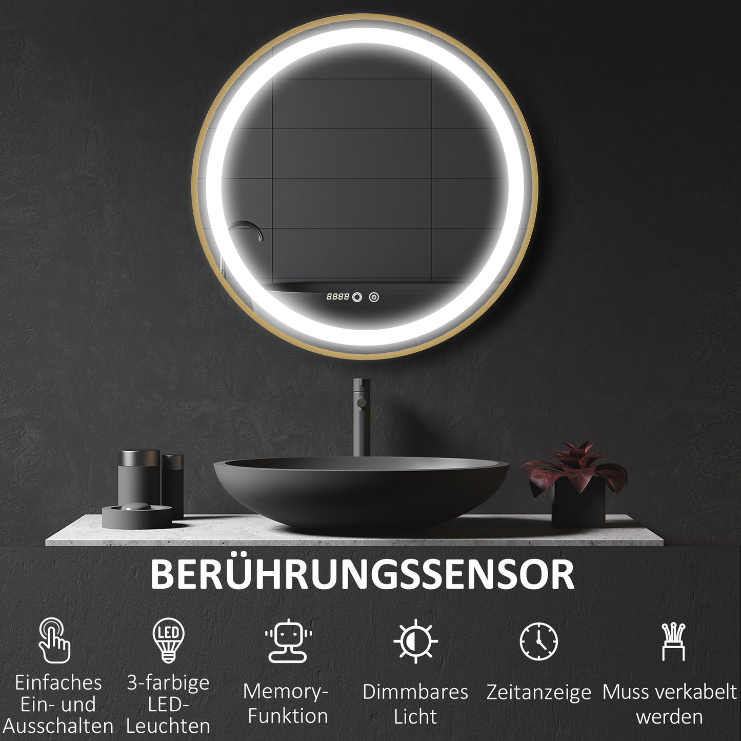 kleankin Runder Spiegel mit LED-Beleuchtung, Uhrzeitanzeige, Memoryfunktion, Gold + Silber