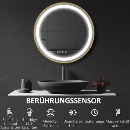kleankin Runder Spiegel mit LED-Beleuchtung, Uhrzeitanzeige, Memoryfunktion, Gold + Silber