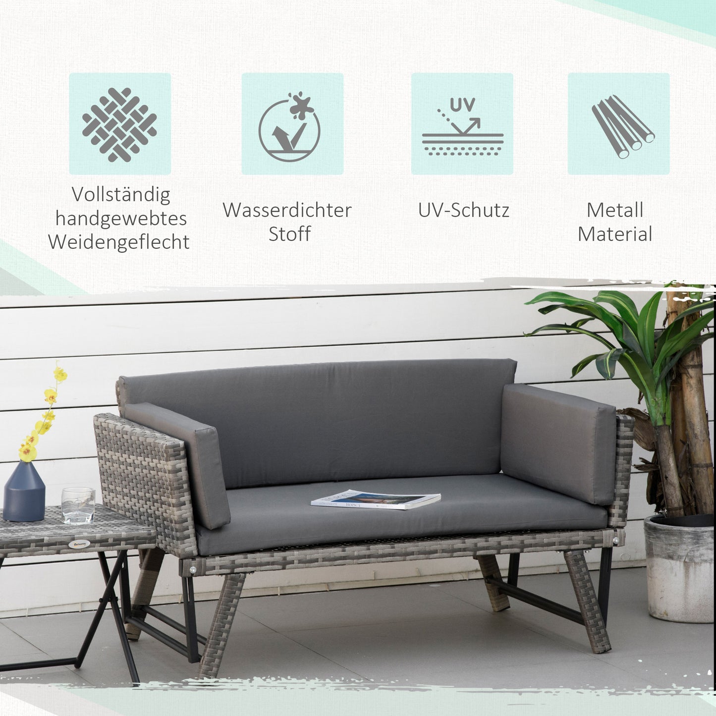 Outsunny Polyrattan Gartensofa 2 Sitzer Gartenmöbel Loungesofa Gartenbank Gartenliege klappbar Armlehnen Stahl Grau 129 x 63 x 67 cm
