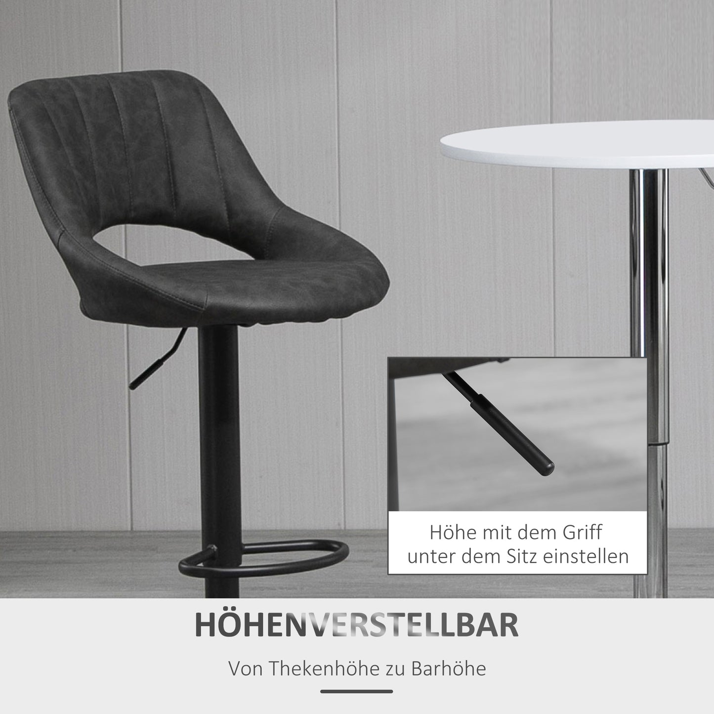 HOMCOM Barhocker 2er-Set, Lederoptik, drehbar, höhenverstellbar, Fußstütze, Metallrahmen, 47 x 52 x 87-109 cm, Grau