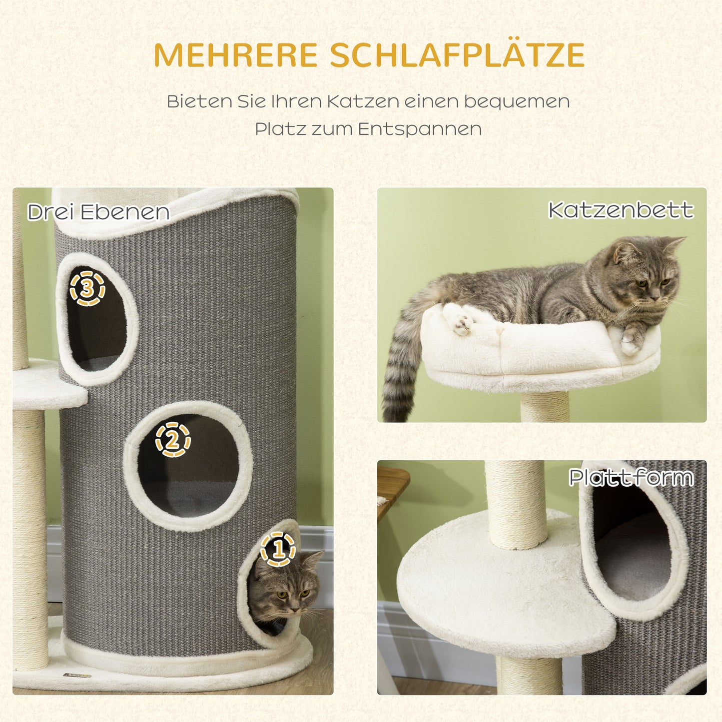 PawHut Kratzbaum mit Katzenbett u. Kratztonne für Katzen, 60 cm x 44,5 cm x 109 cm, Grau + Natur + Weiß