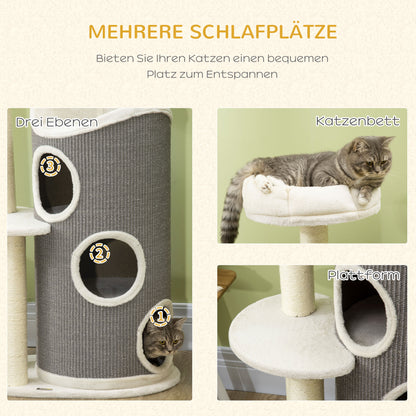 PawHut Kratzbaum mit Katzenbett u. Kratztonne für Katzen, 60 cm x 44,5 cm x 109 cm, Grau + Natur + Weiß