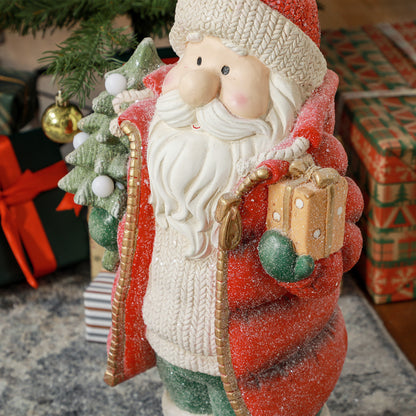 HOMCOM Weihnachtsmannfigur mit Baum und Geschenk, 3 warmweiße LEDs, batteriebetrieben, 50 cm