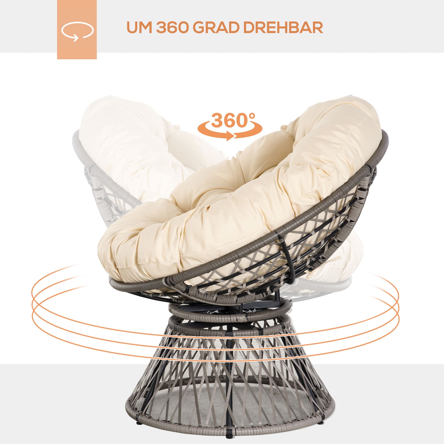 Outsunny Papasansessel, Korbsessel, Sitzkissen, Kunstrattan, drehbar, Metallrahmen, 87 x 97 x 90 cm, Beige